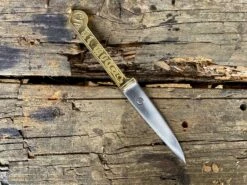 Medieval Brass Handled Eating Knife 13th-16thC 'Be Merie' 'Domine'. 17 Medieval Brass Handled Eating Knife 13th-16thC 'Be Merie' 'Domine'. -Tod Cutler Shop BeMerie 1