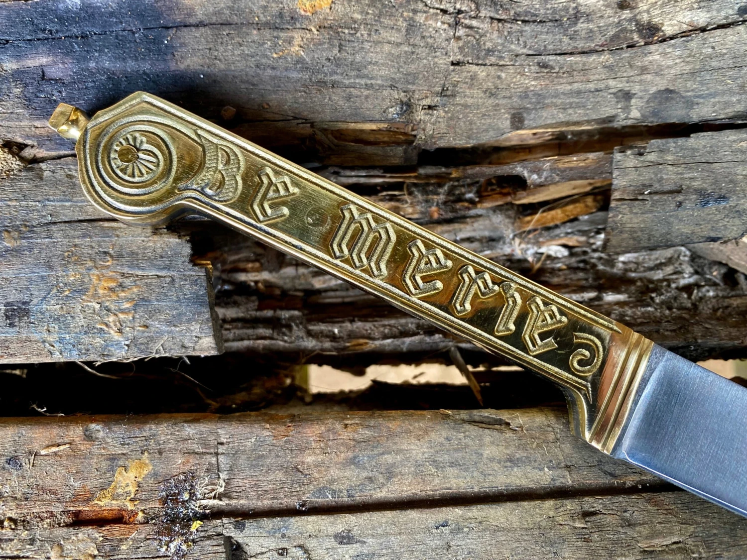 Medieval Brass Handled Eating Knife 13th-16thC 'Be Merie' 'Domine'. 4 Medieval Brass Handled Eating Knife 13th-16thC 'Be Merie' 'Domine'. - Image 2