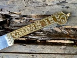 Medieval Brass Handled Eating Knife 13th-16thC 'Be Merie' 'Domine'.