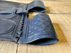 14th/15thC Incised Leather Belt Pouch -Tod Cutler Shop TCL214th 15thCIncisedLeatherBeltPouch viewthroughdarkbluebeltloops