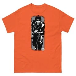Running Man At Arms - Tod Cutler T Shirt -Tod Cutler Shop mens classic tee orange front 65c2599d7eb40